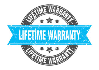 lifetime warranty round stamp with turquoise ribbon. lifetime warranty