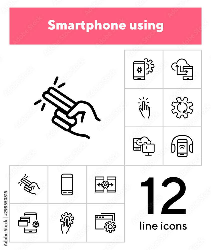 Poster smartphone using line icon set. audio content, wireless connection, settings. mobile technology conc