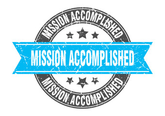 mission accomplished round stamp with turquoise ribbon. mission accomplished