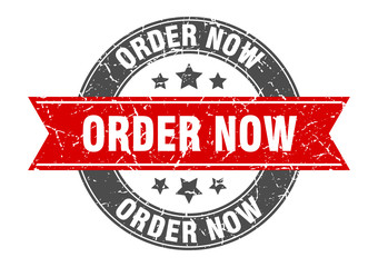 order now round stamp with red ribbon. order now