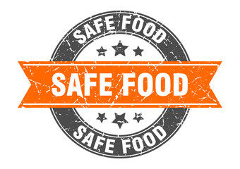 safe food round stamp with orange ribbon. safe food