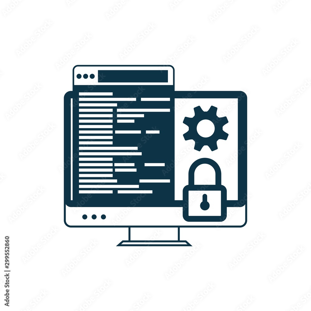 Poster computer monitor, code, settings, access blocking. computer security, password, privacy. vector icon
