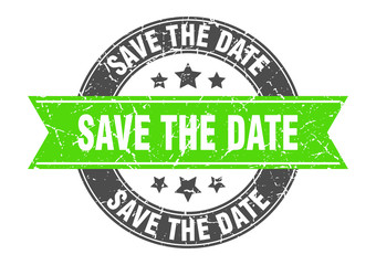 Obraz premium save the date round stamp with green ribbon. save the date