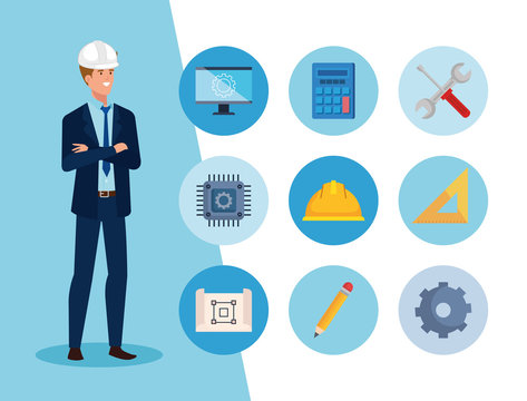 engineer man with set icons working vector illustration design