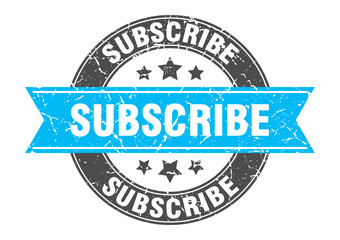 subscribe round stamp with turquoise ribbon. subscribe