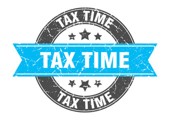 tax time round stamp with turquoise ribbon. tax time