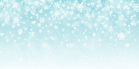 Fototapeta na wymiar Christmas snow. Falling snowflakes on blue background. Snowfall. Vector illustration