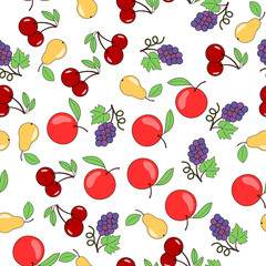 Background of fruits and berries. Apples pears and grapes. Seamless vector background