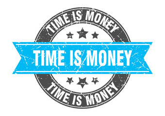 time is money round stamp with turquoise ribbon. time is money
