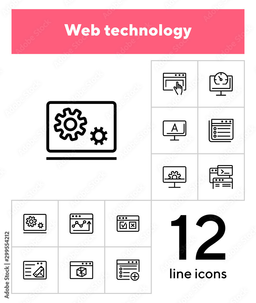 Poster web technology line icon set. information, browser, connection. programming concept. can be used for