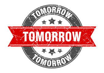tomorrow round stamp with red ribbon. tomorrow