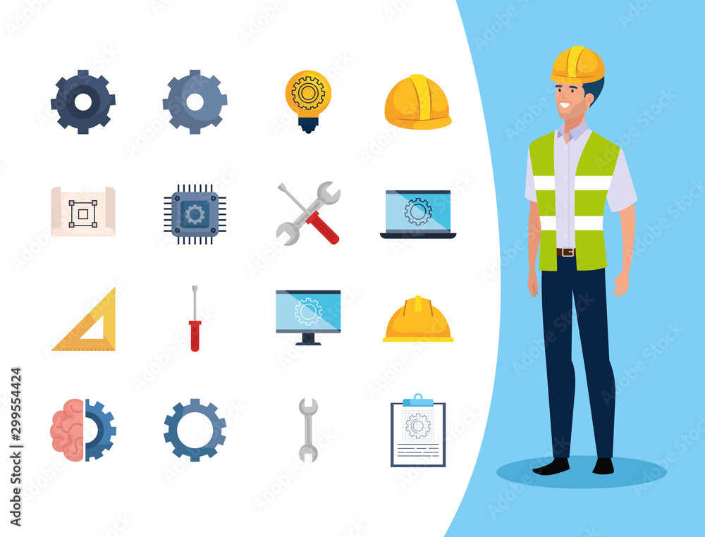 Poster engineer man with set icons working vector illustration design