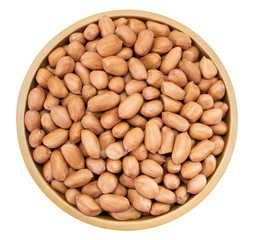Peanuts in wooden bowl top view. Peanuts in a bowl isolated on white background.