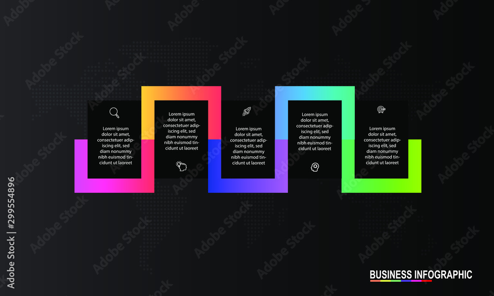 Poster infographics design template black background with 5 steps or options, can be used for workflow layo