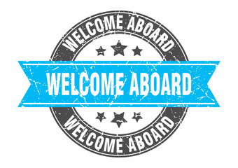 welcome aboard round stamp with turquoise ribbon. welcome aboard