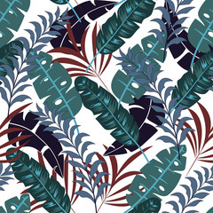 Fashionable seamless tropical pattern with bright green leaves and plants. Vintage pattern.  Summer colorful hawaiian seamless pattern with tropical plants.  Beautiful seamless vector floral pattern.