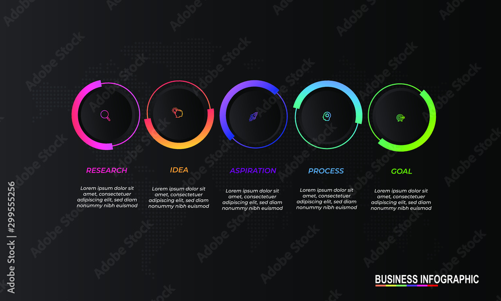 Poster infographics design template black background with 5 steps or options, can be used for workflow layo