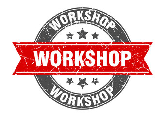 workshop round stamp with red ribbon. workshop
