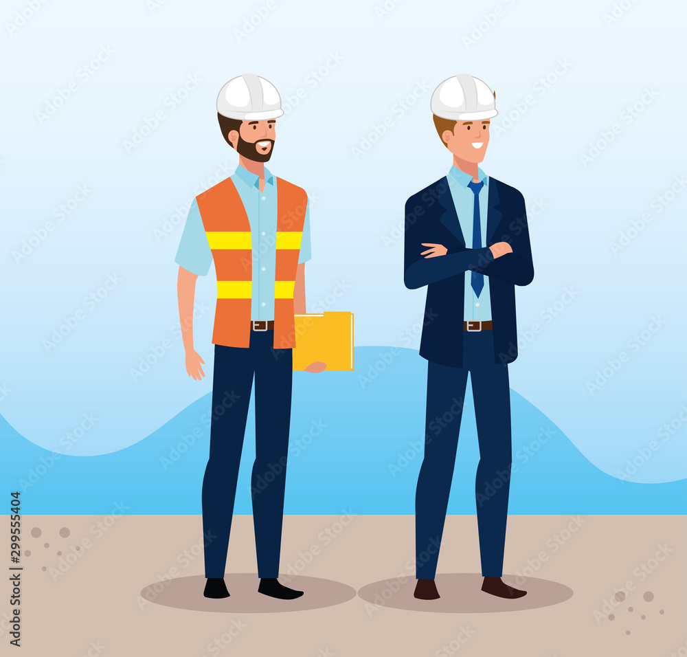 Poster engineer men group with helmet secure vector illustration design