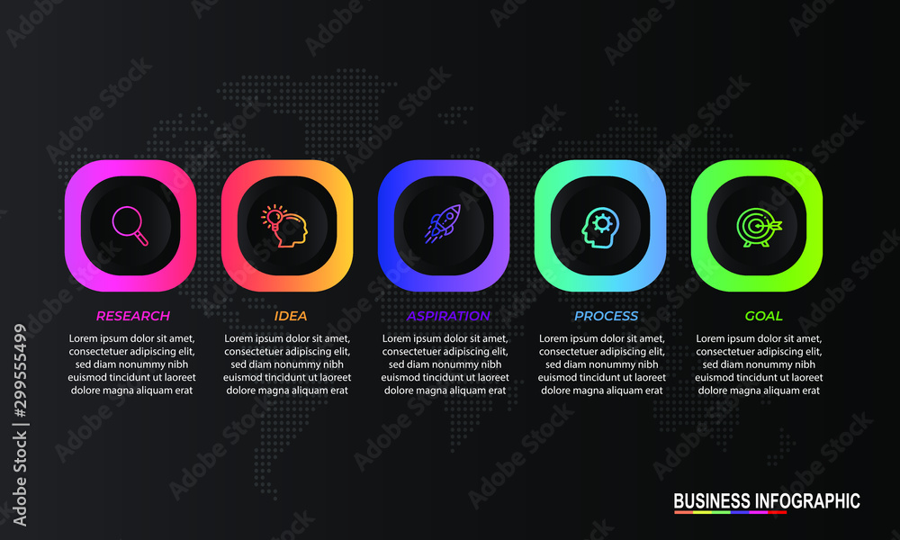 Fototapete Infographics design template black background with 5 steps or options, can be used for workflow layout, diagram, annual report, web design, Creative banner, label vector. Info Graph