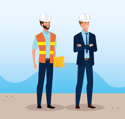 engineer men group with helmet secure vector illustration design