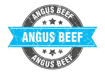 angus beef round stamp with turquoise ribbon. angus beef
