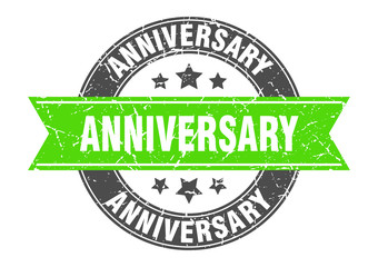 anniversary round stamp with green ribbon. anniversary