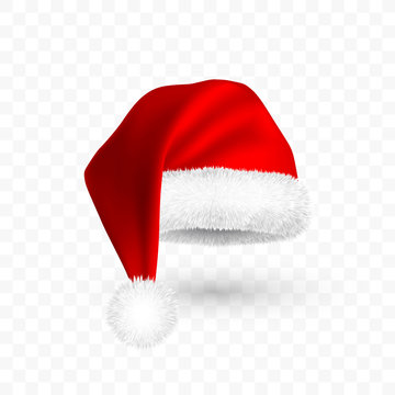 Red Santa Claus hat isolated on transparent background. Gradient mesh Santa Claus cap with fur. Vector illustration