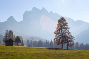 Sunny autumn day in Dolomite mountains.