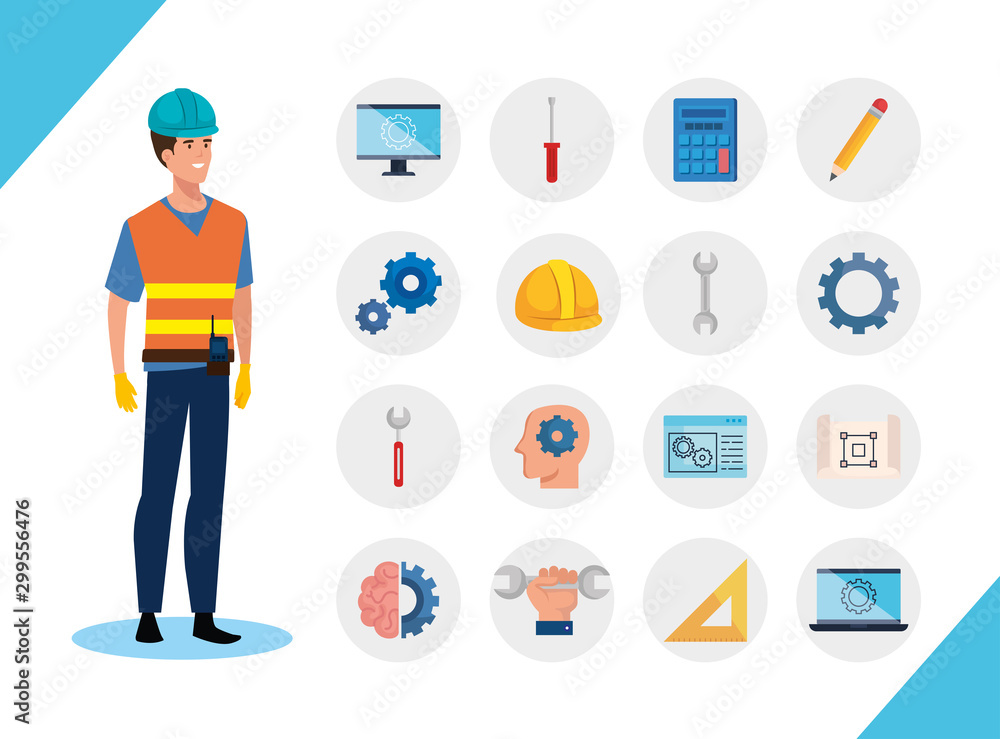 Poster engineer man with set icons working vector illustration design