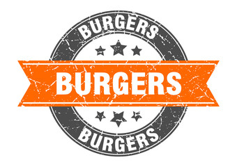burgers round stamp with orange ribbon. burgers