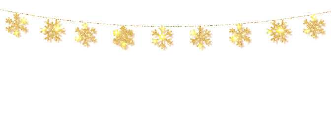 Christmas or New Year golden snowflake decoration garland on white background. Hanging glitter snowflake. Vector illustration