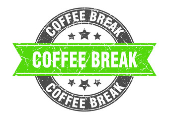 coffee break round stamp with green ribbon. coffee break