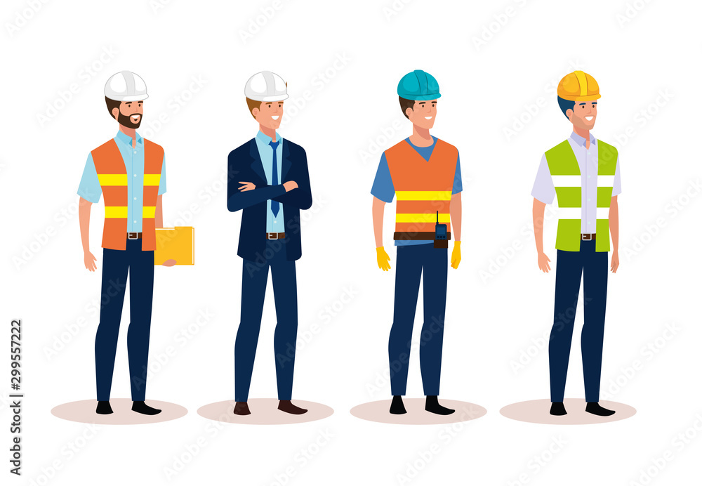 Poster engineer men group with helmet secure vector illustration design