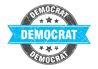 Fototapeta premium democrat round stamp with turquoise ribbon. democrat
