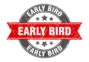 early bird round stamp with red ribbon. early bird