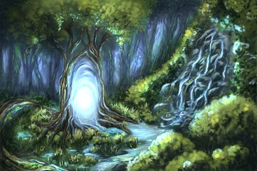 Magic portal in forest - obrazy, fototapety, plakaty