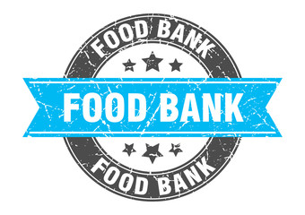 food bank round stamp with turquoise ribbon. food bank