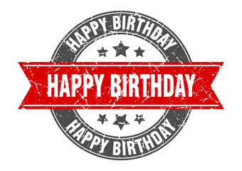 Obraz premium happy birthday round stamp with red ribbon. happy birthday