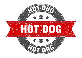 hot dog round stamp with red ribbon. hot dog