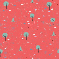Tree Seamless Pattern on red background with dots.