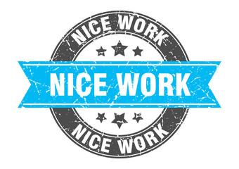 nice work round stamp with turquoise ribbon. nice work