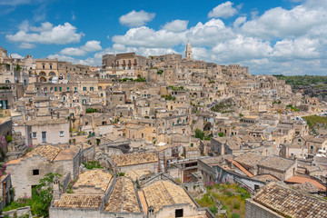 Fototapeta na wymiar Panoramic view to the town of Matera in Italy with historic buildings, Apulia, Italy.