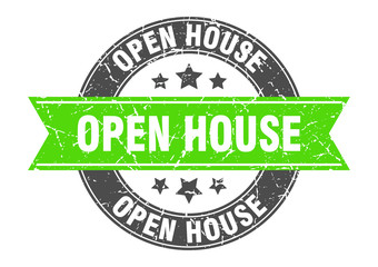 open house round stamp with green ribbon. open house