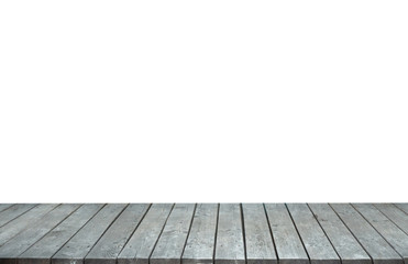 Old vintage brown wood panel tabletop isolated on wihte backgourn empty, blank white copy space. Can be used as wallpaper, ad, banner template design 