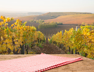 Landscape of Tuscany with desk of yellow wood