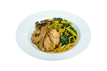 Chinese stir-fried noodles, Shiitake mushrooms, Pork and Cantonese vegetables, Hokkien noodles, Phuket's traditional food. isolated white background.