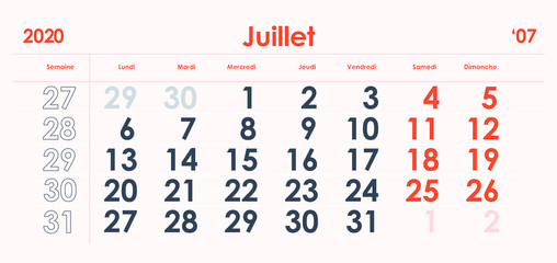 July Page 07 Month 2020 Year. Premium Black and Red French Calendar. Prestige Stylish Grid Classic Style. Luxury template design