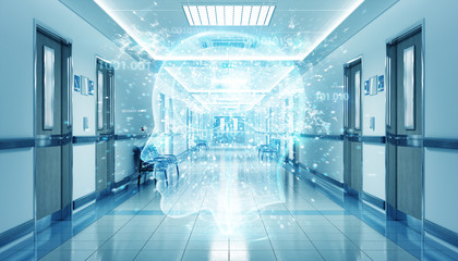 Hospital blue corridor with digital xray brain floating in dots connections 3D rendering