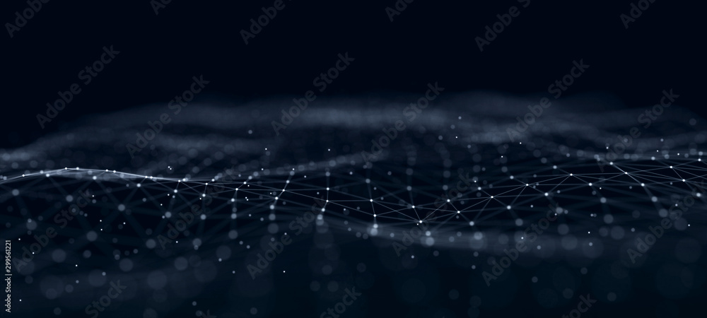 Poster Futuristic abstract mesh. Wave with the connection of dots and lines. 3D rendering.